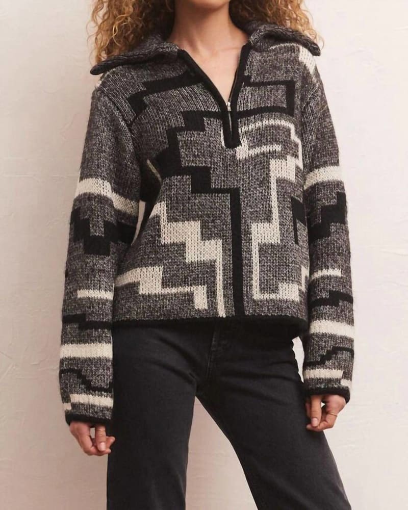 Front of a model wearing a size L Phoenix Pullover Sweater in Black in Black by Z Supply. | dia_product_style_image_id:333637